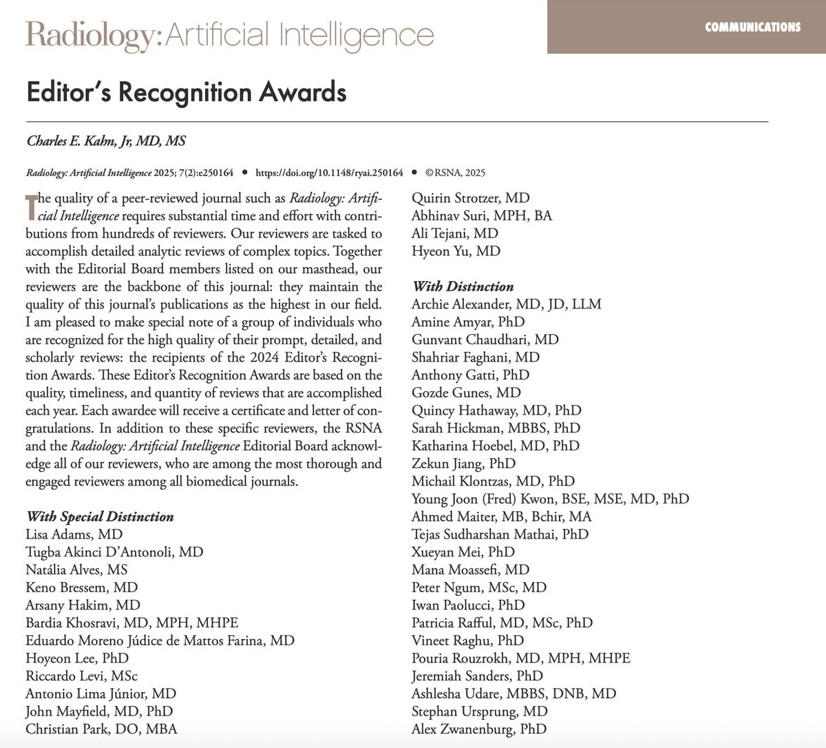 Tugba Akinci D'Antonoli (@tugba_akinci_md) on Twitter photo 🥳Delighted to receive the Editor's Recognition Award with special distinction for <a href="/Radiology_AI/">Radiology: Artificial Intelligence</a>!
👉Special thanks to <a href="/cekahn/">Charles Kahn, MD</a> <a href="/judywawira/">Judy Gichoya</a> <a href="/merelhuisman/">Merel Huisman MD PhD</a> <a href="/KMagudia/">Kirti Magudia, MD PhD</a> and <a href="/RadRudie/">Jeff Rudie, MD PhD</a>
👏 Congratulations to all my fellow TEB members who were also awarded! 🥳Delighted to receive the Editor's Recognition Award with special distinction for <a href="/Radiology_AI/">Radiology: Artificial Intelligence</a>!
👉Special thanks to <a href="/cekahn/">Charles Kahn, MD</a> <a href="/judywawira/">Judy Gichoya</a> <a href="/merelhuisman/">Merel Huisman MD PhD</a> <a href="/KMagudia/">Kirti Magudia, MD PhD</a> and <a href="/RadRudie/">Jeff Rudie, MD PhD</a>
👏 Congratulations to all my fellow TEB members who were also awarded!