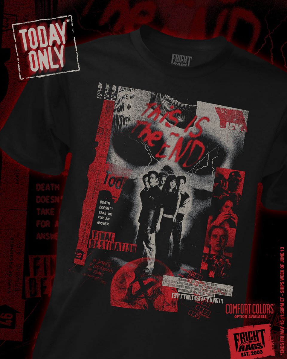 🔥 Midnight Madness starts now! New FINAL DESTINATION tee is here for the next 24 HRS for 24% OFF! Celebrate the horror that started it all — before the new sequel twists fate again. 👉🔗tinyurl.com/4pxkw5m9

🕛 Ends 11:59PM ET 5/16 tonight
📦 Pre-order ships week of 6/13