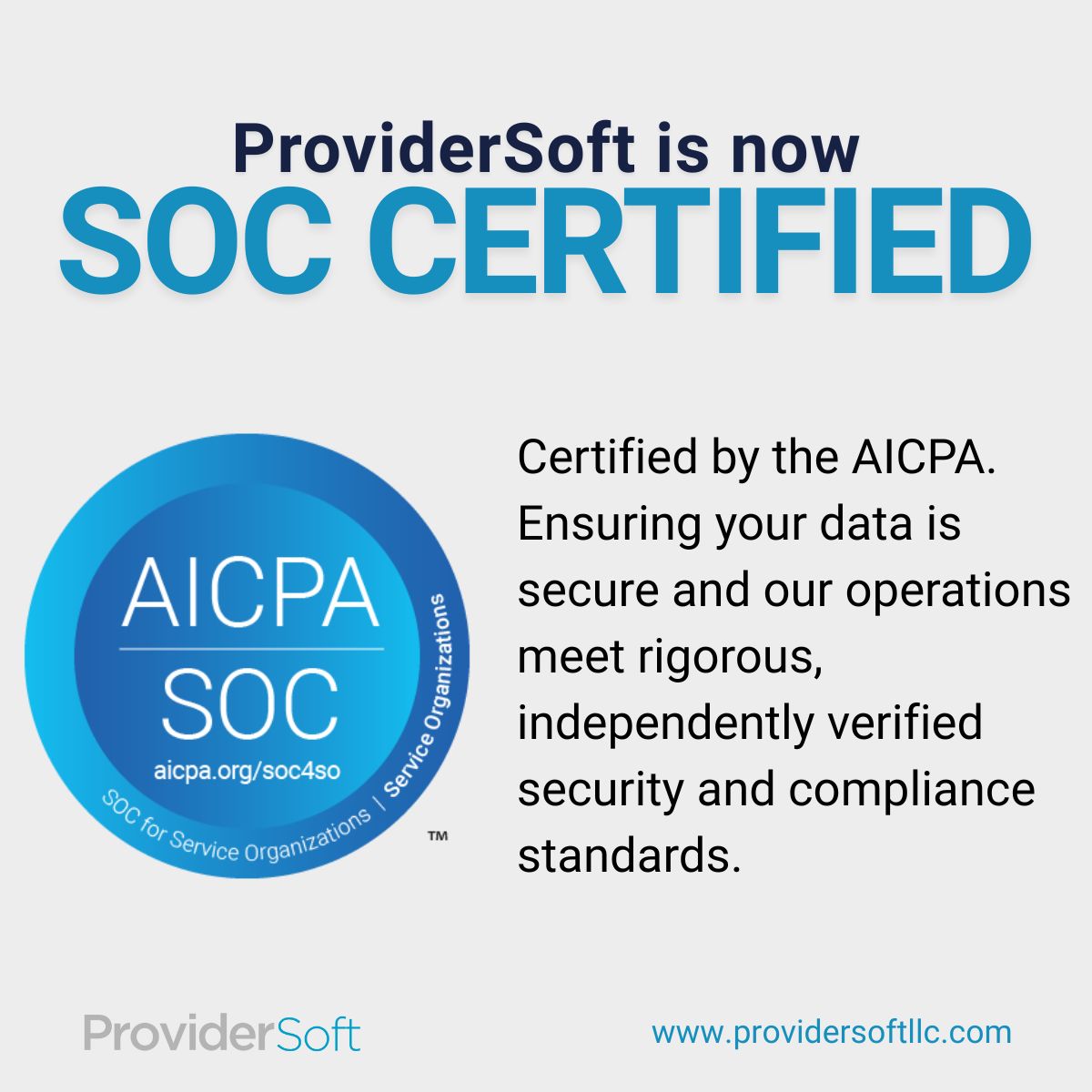 ProviderSoft's tweet image. We’re proud to announce that our platform is now SOC Certified by the AICPA!
Schedule a demo today: buff.ly/gDk7HmL