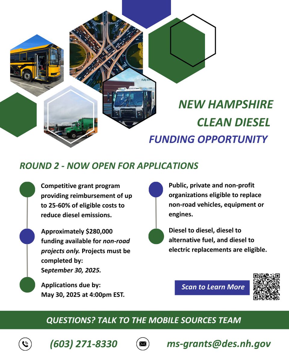 GS_Clean_Cities's tweet photo. $280,000 available for NH Clean Diesel/DERA grant program Round 2!

New Hampshire municipalities and private fleets can propose #OFFROAD vehicle and equipment replacement projects!!

Applications due May 30 at 4 PM ET #ApplyNow 

https://t.co/d9wstLfPK8 https://t.co/qtSuGblq6K