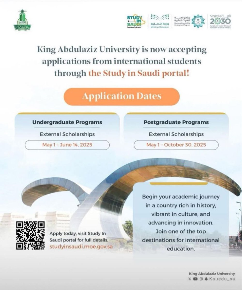 djalilbng's tweet photo. 🔴 منحة جامعة الملك عبد العزيز 2025 في السعودية بتمويل كامل! 🇸🇦

✅ إعفاء كامل من الرسوم الدراسية
✅ سكن جامعي
✅ تأمين صحي
✅ بدل شهري
✅ تغطية تكاليف السفر السنوية 

📖 رابط التقديم  https://t.co/1DVkuS54PM

#منح_دراسية #السعودية #جامعة_الملك_عبدالعزيز #دراسة_في_السعودية #BNGOH https://t.co/IK5x5h0HDn