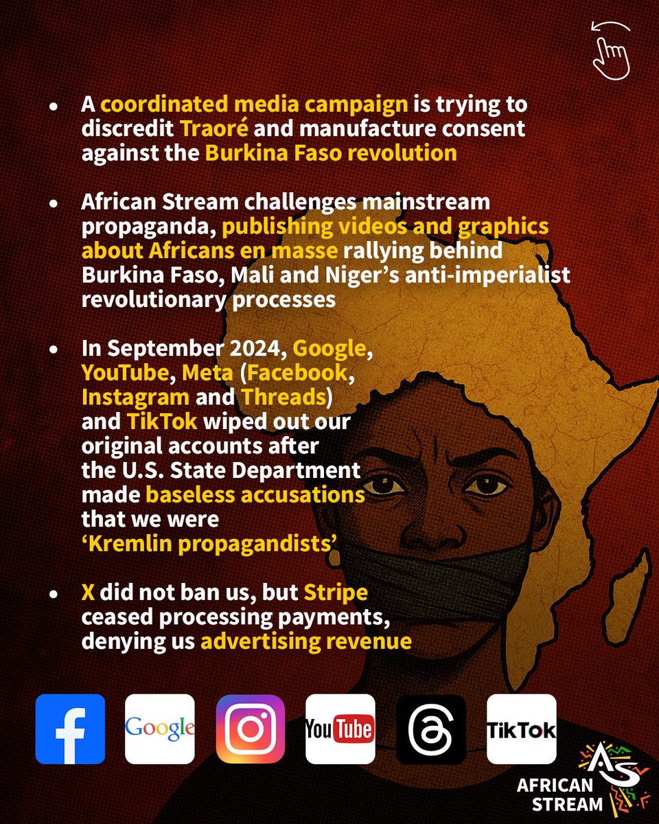 african_stream's tweet photo. In September 2024, the then United States Secretary of State Antony Blinken accused African Stream of being 'secretly funded' by Russia and featuring 'Kremlin propagandists', without a shred of evidence. Over the next few weeks, tech companies did not give their reasons as they suspended or banned our official accounts. More than 2.3 million people followed African Stream's accounts on Facebook, Instagram, Threads, TikTok, and YouTube. We also lost access to our Google services, including Gmail. The censorship campaign forced us to rely on the personal social media accounts of Editor-in-Chief Ahmed Kaballo. 

With this new round of censorship, Instagram at least provided a reason for the restrictions, albeit not based on any evidence. We have never used bots or paid services for reach, likes or followers.