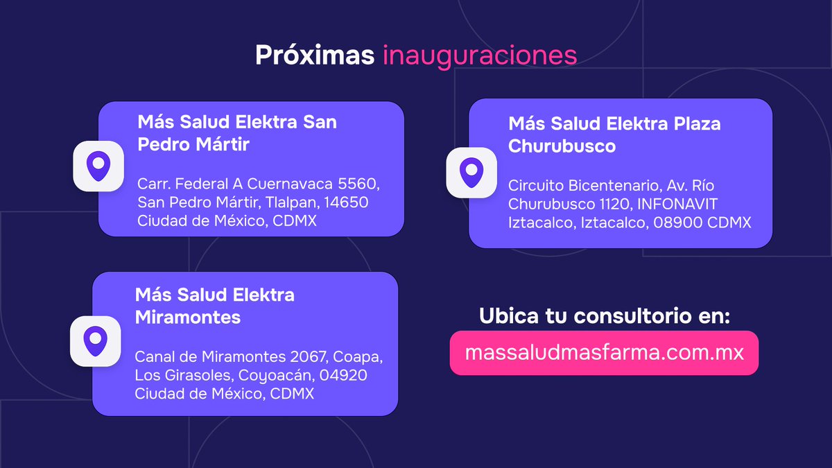 Cada vez más cerca de ti. 🩷
🩺 Ve ubicando tu nuevo consultorio favorito aquí: massaludmasfarma.com.mx y aprovecha nuestras promociones por apertura.