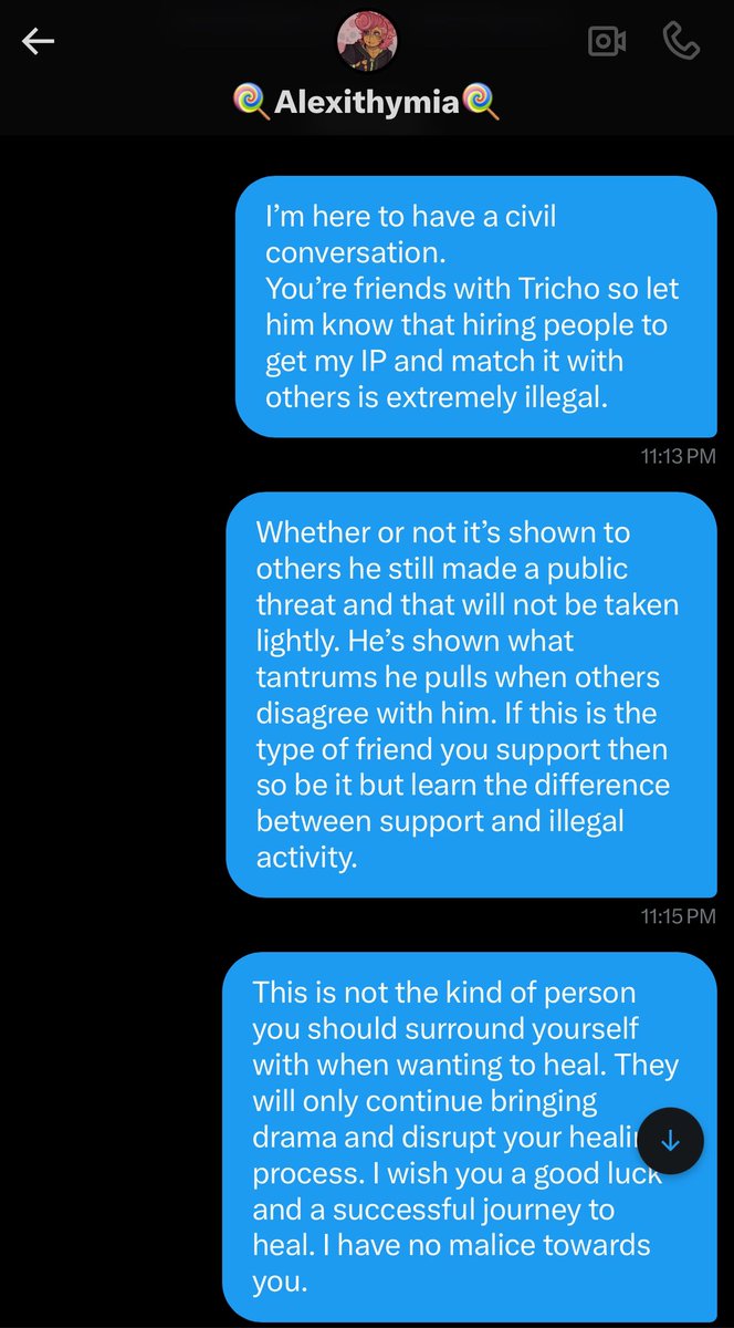 CrowleyGOI's tweet photo. I tried to approach Alexithymia calmly. I told them that associating with someone who has tracked IP addresses is not only unethical but illegal. I warned them that Tricho’s public threats wouldn’t be taken lightly. They deflected. ( 🧵 ) https://t.co/8FgRDIhblB