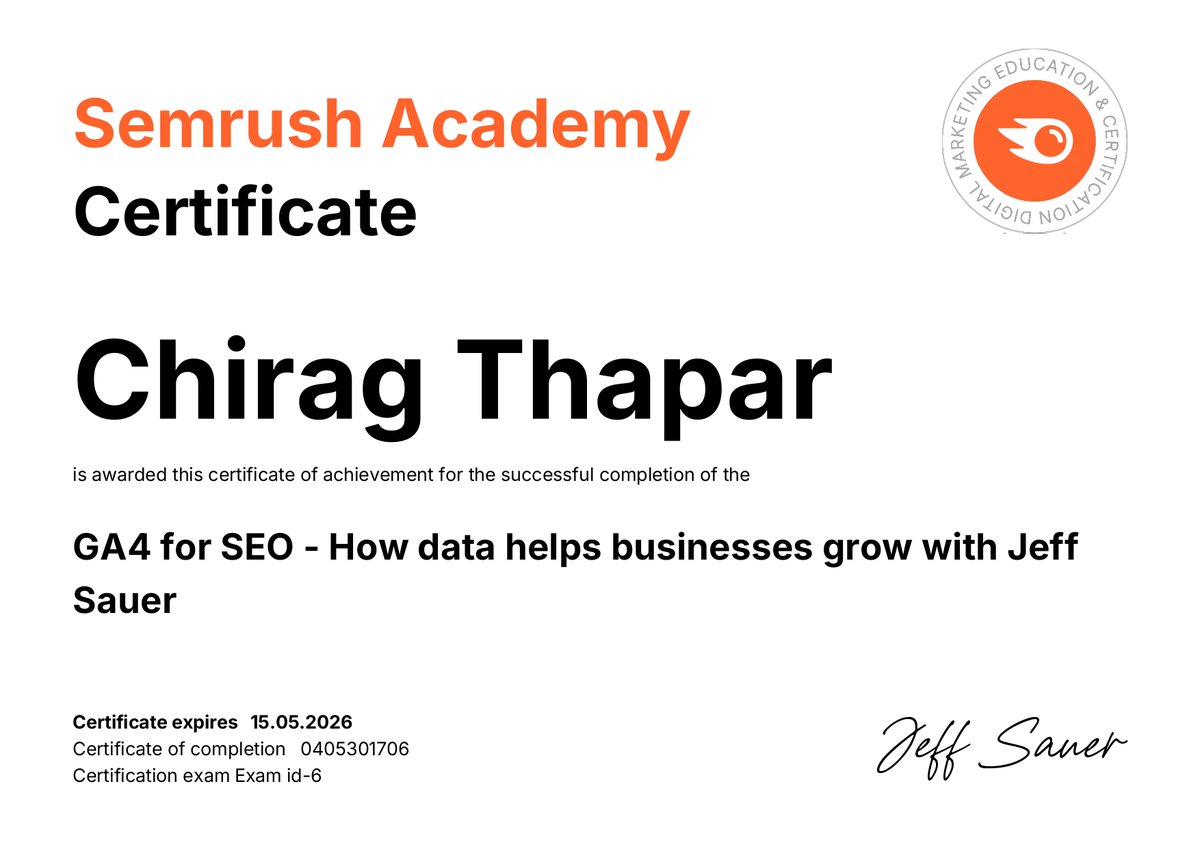 🎉Excited to share that I’ve successfully completed my certification with <a href="/Semrush/">Semrush</a> Academy! This journey has been incredibly insightful, enhancing my marketing &amp; analytical skills.

Many Thanks to <a href="/jeffalytics/">Jeff Sauer - MeasureU.com</a> !😀

#SemrushCertified #SemrushAcademy #DigitalMarketing #Analytics