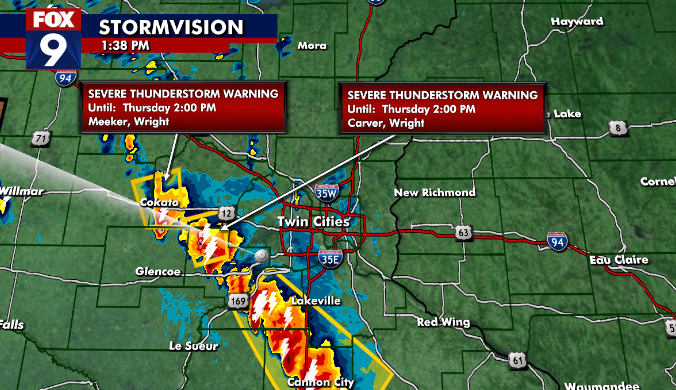 Two new Severe Thunderstorm Warnings until 2pm for Carver and Wright and another storm for Meeker and Wright. <a href="/FOX9/">FOX 9</a>