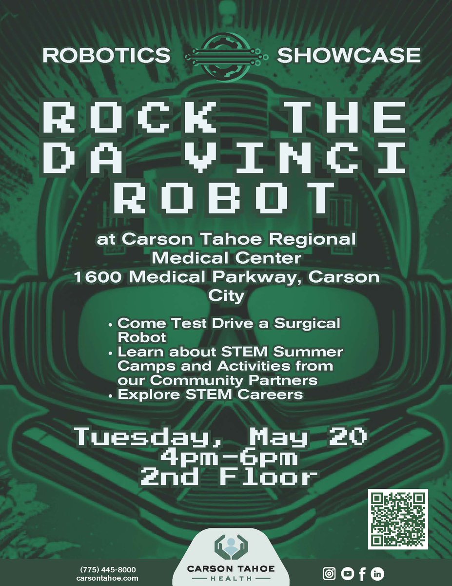 We’re excited to share that FIRST Nevada will be at Carson Tahoe Health’s 3rd Annual Robotics Showcase on May 20th from 4 PM to 6 PM! 👩‍⚕️🤖👨‍⚕️ Join us at the Carson Tahoe Regional Medical Center to highlight robotics in the medical sector and other STEM careers.