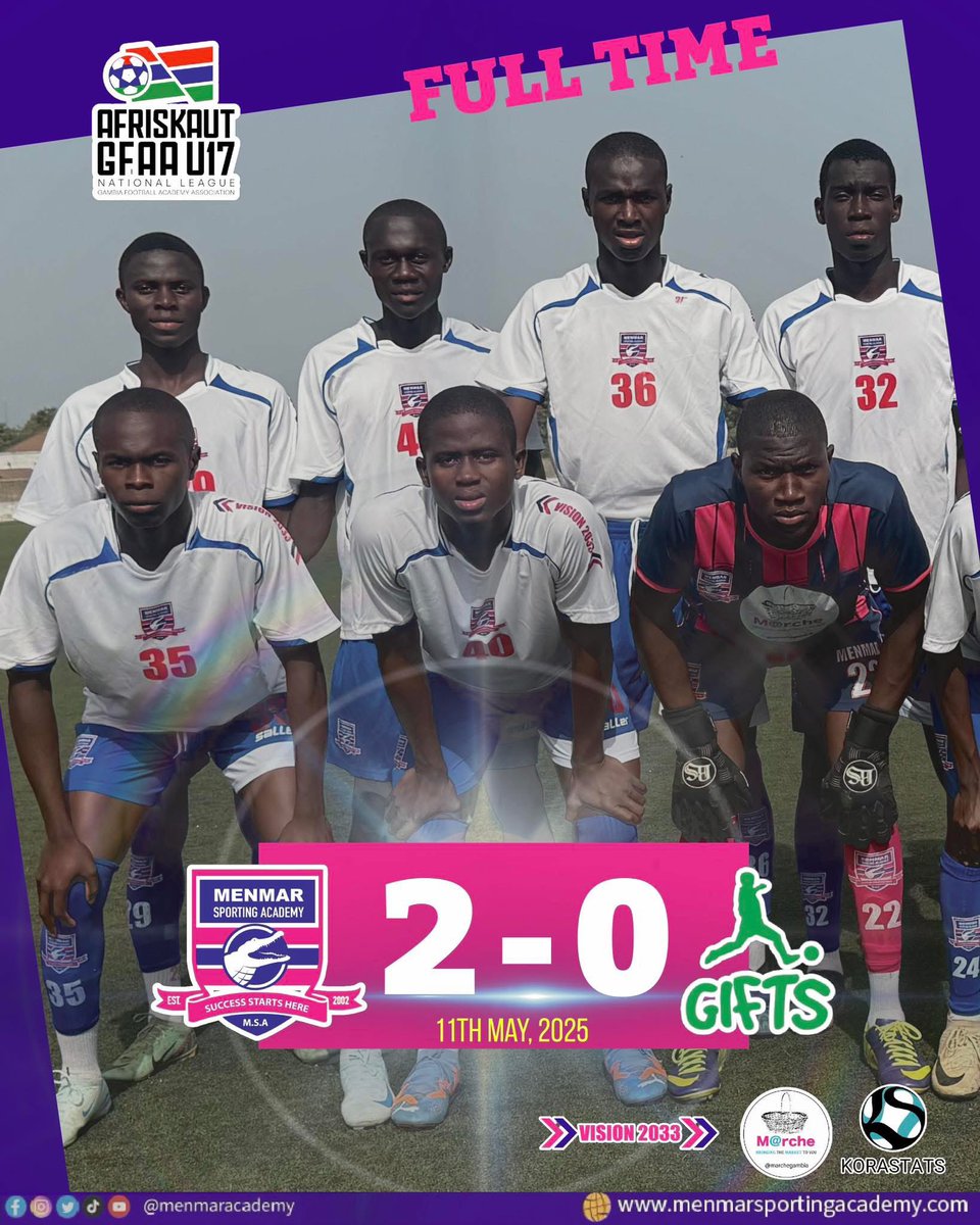 menmaracademy's tweet photo. Menmar SA ⚽️⚽️2 - 0 Gifts FA

What a start! 🔥 The #youngseaboy of Menmar SA secure a well-deserved 2-0 victory in their first league game against Gifts FA in the 2025 Afriskaut GFAA U17 National Youth League.

#menmaracademy #MSA #GOALProject #gambianfootball #SuccessStartsHere https://t.co/aPSxzr83eK