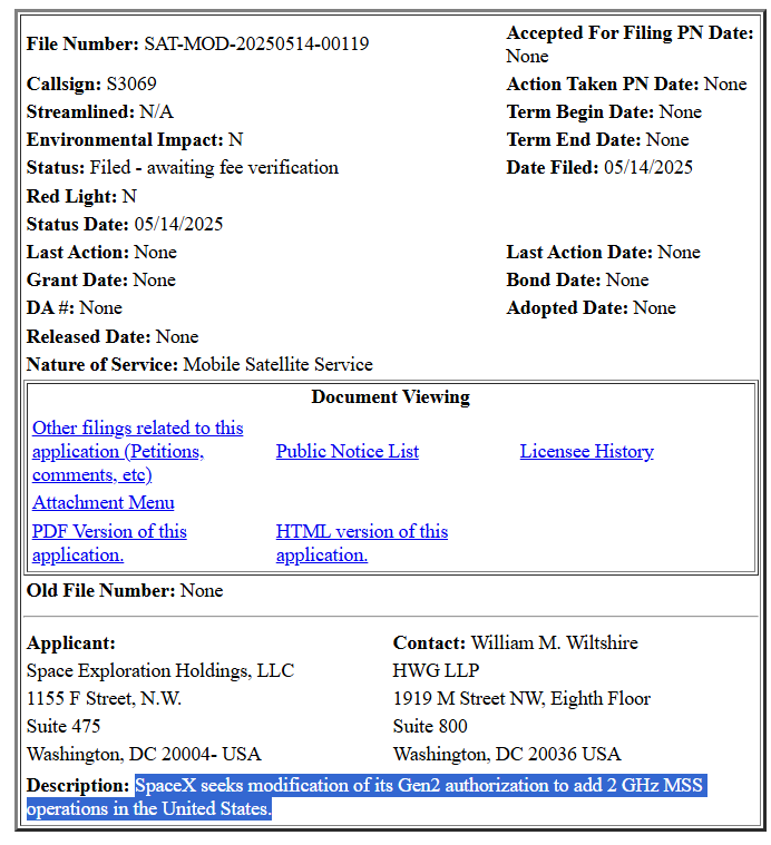 .<a href="/SpaceX/">SpaceX</a> is wasting no time in requesting access to 2 GHz MSS spectrum, the current use of which is now being studied by @fcc staff at the direction of <a href="/BrendanCarrFCC/">Brendan Carr</a>. Application here: tinyurl.com/yrf8war9.