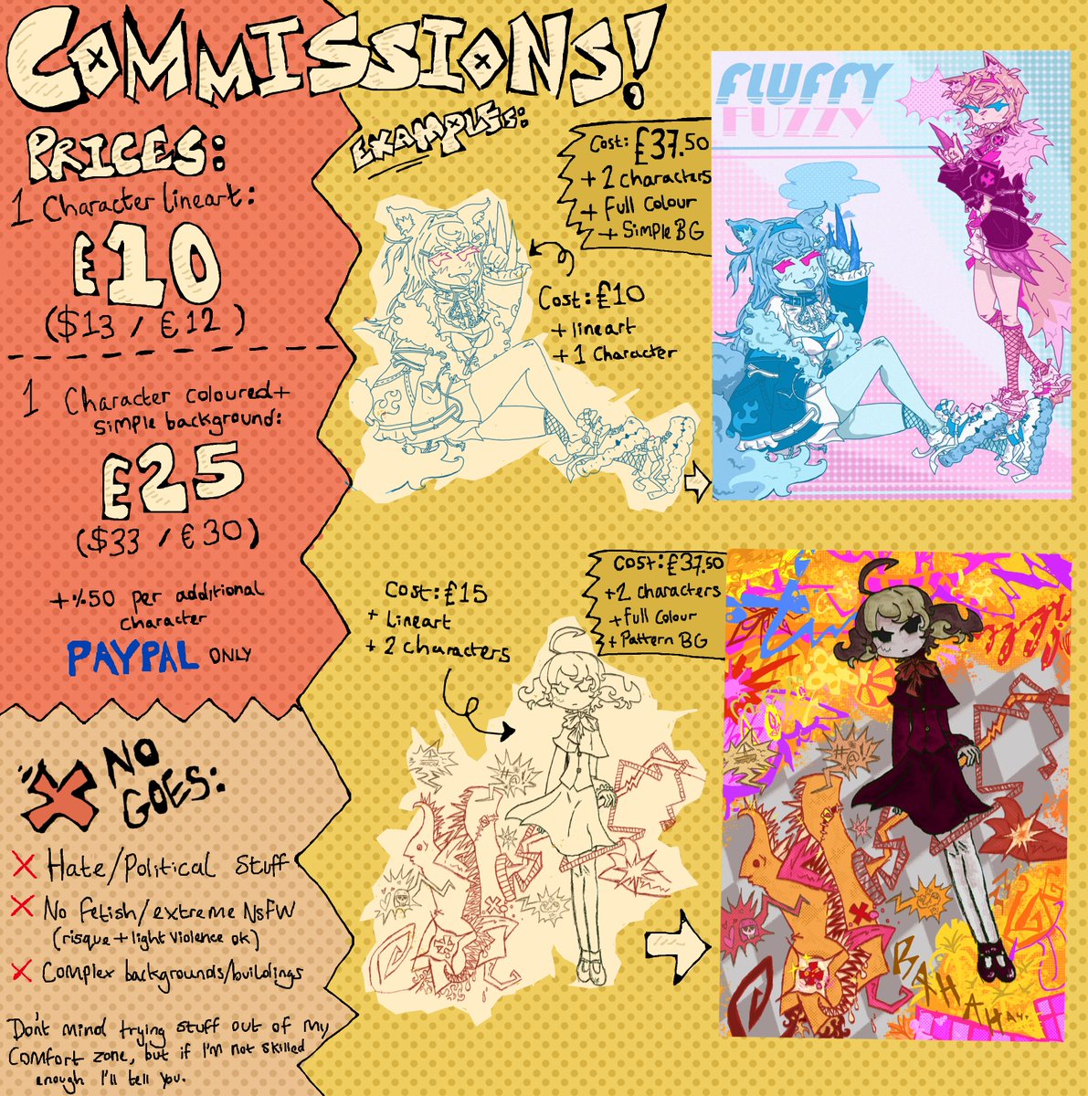 flutoflu's tweet image. Commission sheet
Way I do payments is I'll make sure you're happy with the rough sketch before sending a Paypal link for payment
Shoot a dm and if I don't respond within a couple days (since twitter is buggy and hides some messages) feel free to drop a comment here