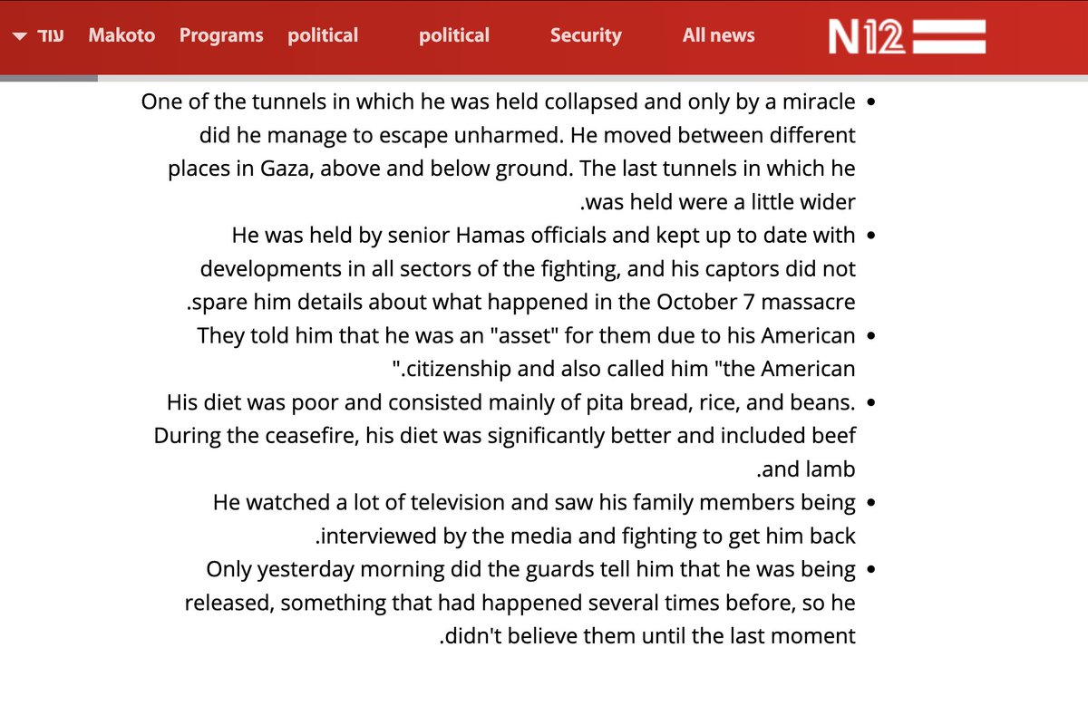 muhammadshehad2's tweet photo. Who would've guessed the ceasefire dramatically improved the conditions of Israeli captives in Gaza?

IDF soldier Edan Alexander "watched a lot TV", was "kept up to date" &amp; got beef &amp; lamb

Compare this to how Israel treats Palestinian doctors at the Sde Teiman rape/torture camp https://t.co/S31HZgU5im