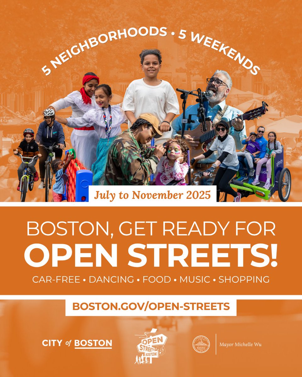 VisitBostonCity's tweet photo. Boston, get ready for Open Streets! 

Join the @CityOfBoston from July through November for five weekends of Open Streets events across five different neighborhoods. 

View the full schedule and list of locations at https://t.co/EAf0AnBJdr https://t.co/uyO7HTprlI