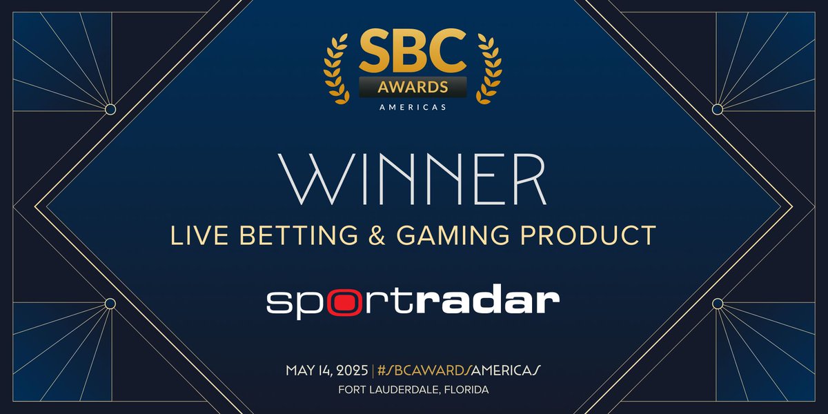 Sportradar's tweet photo. We’ve received 2 awards at @SBC_Americas! 
🏆 Best Sports Data Product: Sportradar 4Sight 
🏆 Best Live Betting &amp; Gaming Product: Sportradar emBET 
We're proud of the hard work of our team!  
Learn more about our award-winning solutions: https://t.co/cd4ez9UdXT https://t.co/5zCUAp68N3