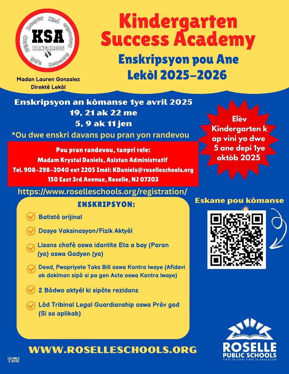 Enrollment is open for the 25/26 Kindergarten class!  

Please pre-register and call Mrs. Daniels at 908-298-2040 ext 2205 for an appointment. Evening hours are now available.

#TargetedWithTenacity 
#BeInTheKnow 
#Everystudenteveryday
#Allstudentsmatter