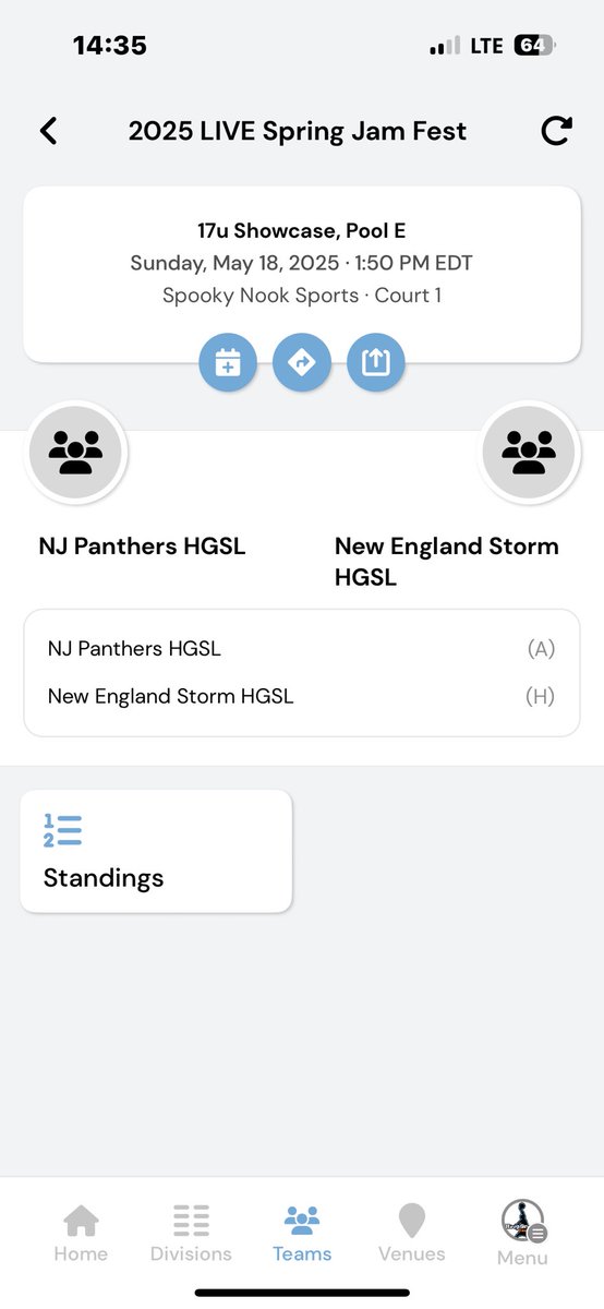 Coaches, I will be at Spooky Nook in Pennsylvania this weekend!

Schedule here:
New England Storm HGSL 17U
Friday 16th
-5:40pm Court 5 vs AKT HGSL

Saturday 17th
-12:25pm Court 3 vs NJ Panthers Hgal 
-8:10pm Court 11 vs Rize Sports

Sunday 18th
1:50pm Court 1 vs NJ Panthers Hgsl