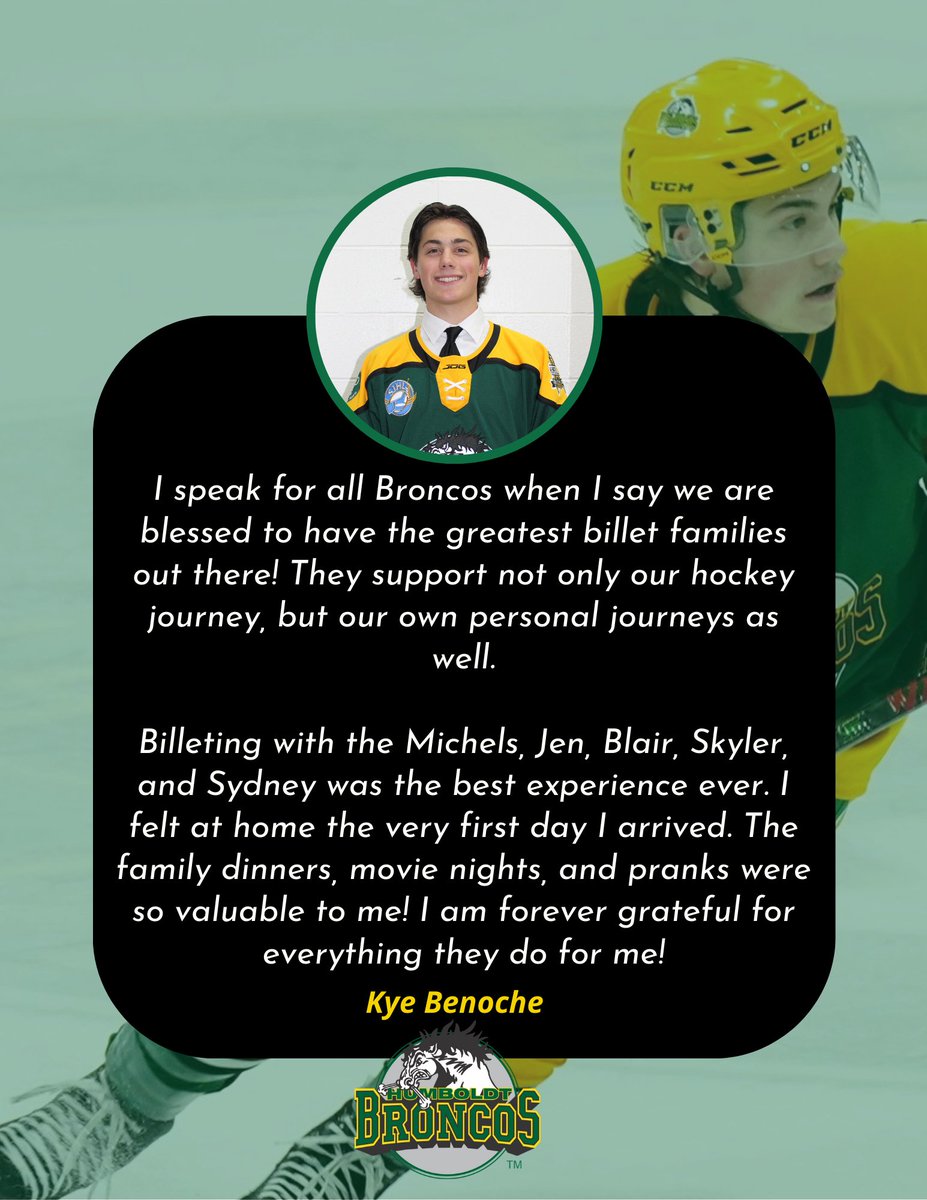 Life at Home with a Bronco – Stories from the Players 

From family dinners to movie nights and unforgettable pranks, Kye’s billet experience with the Michels made Humboldt feel like home from day one. 💚

Our billet families are more than hosts — they become part of the Broncos