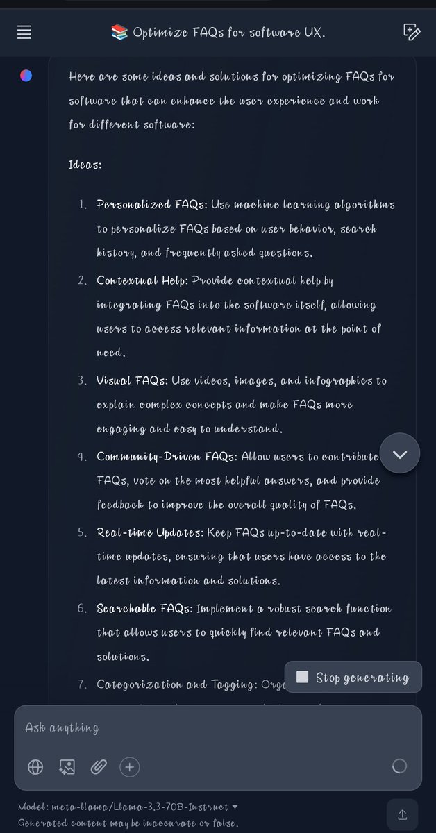 ru_onah's tweet image. I  explored HuggingChat.AI which is an open source alternative to chat GPT it has different exciting features and assistants. I prompted it to give ideas optimize FAQs for softwares
#huggingchat #AI #OpenSource #ALX_AiSK  @alx_africa