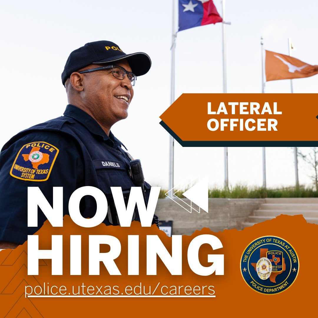 NOW HIRING: Lateral Police Officer!
Join the team protecting Longhorn Nation with dedication and pride! 🤘
Apply below 👇
utaustin.wd1.myworkdayjobs.com/en-US/UTstaff/…