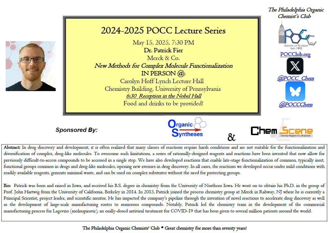 POCC (@pocc_chem) on Twitter photo Tonight is our final seminar of the 2024-2025 season. Closing things out we have THE <a href="/PatrickFier/">Patrick Fier</a> of Merck coming to talk about new chemical methods developed in industry! Tonight is our final seminar of the 2024-2025 season. Closing things out we have THE <a href="/PatrickFier/">Patrick Fier</a> of Merck coming to talk about new chemical methods developed in industry!