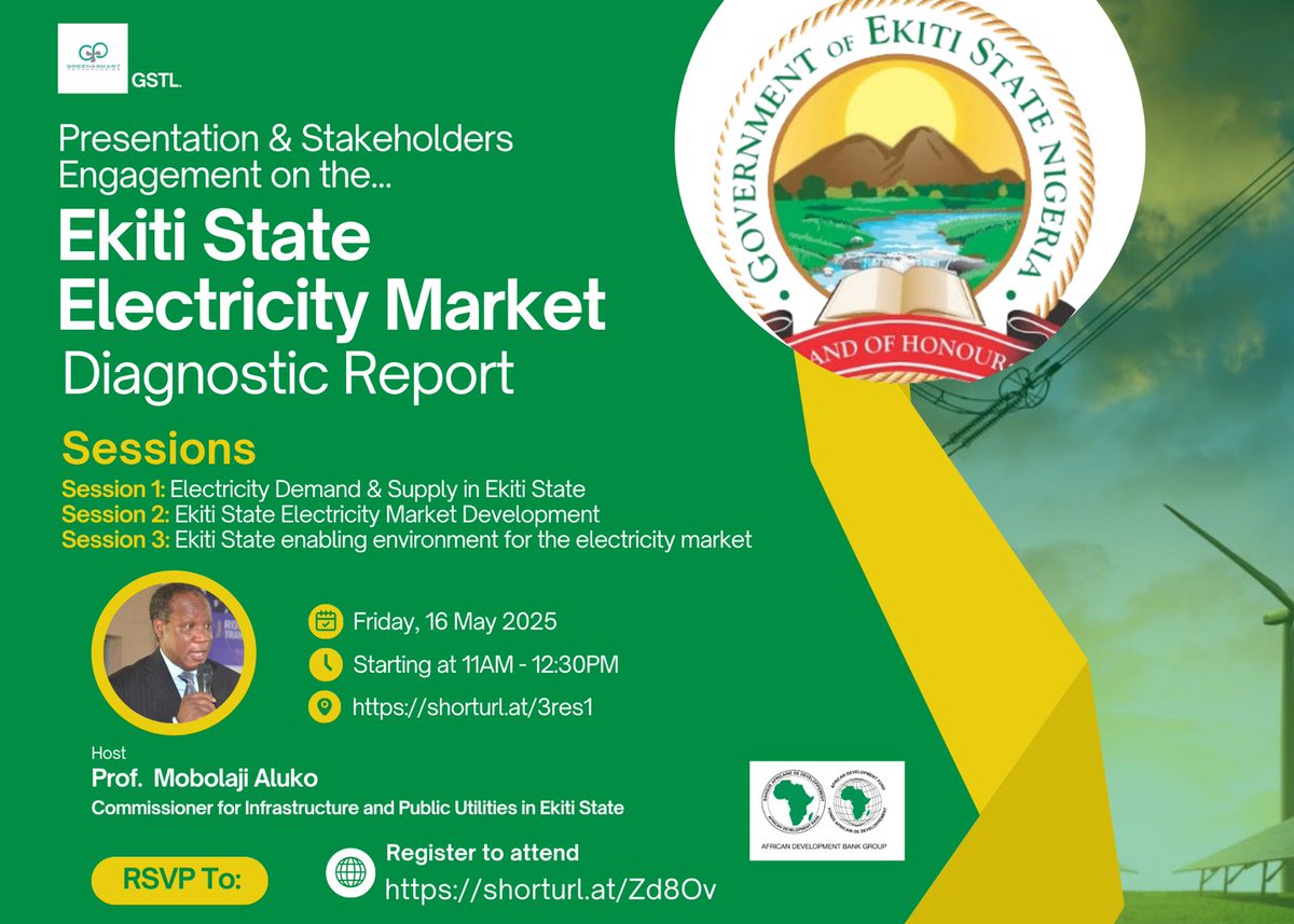 greenandsmart's tweet photo. Join us on Ekiti SEPP Virtual Stakeholder Session as we review the EKEM Diagnostic Report

🎯 Join 3 key panel discussions on:
1️⃣ Demand &amp; Supply
2️⃣ Market Development
3️⃣ Enabling Environment

📅 Fri, 16 May 2025
🕒 11:00 AM (WAT) https://t.co/kEHOMx9cNq