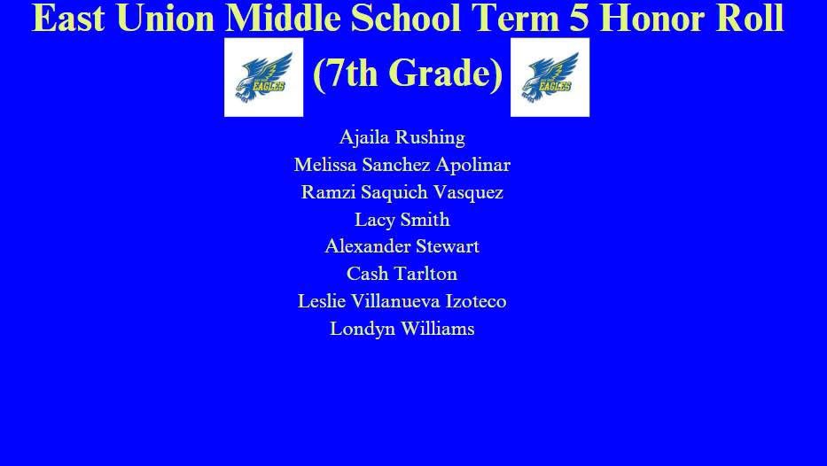 East Union Middle School (@eastunionmsnc) on Twitter photo Congratulations to our 7th Grade Honor Roll students for Term 5!
#TheEagleWay
#ExcellenceIsTheStandard
#TakingFlight
@ucpsnc <a href="/AGHoulihan/">Andrew G. Houlihan</a> <a href="/BashawnHarris/">Bashawn Harris</a> Congratulations to our 7th Grade Honor Roll students for Term 5!
#TheEagleWay
#ExcellenceIsTheStandard
#TakingFlight
@ucpsnc <a href="/AGHoulihan/">Andrew G. Houlihan</a> <a href="/BashawnHarris/">Bashawn Harris</a>