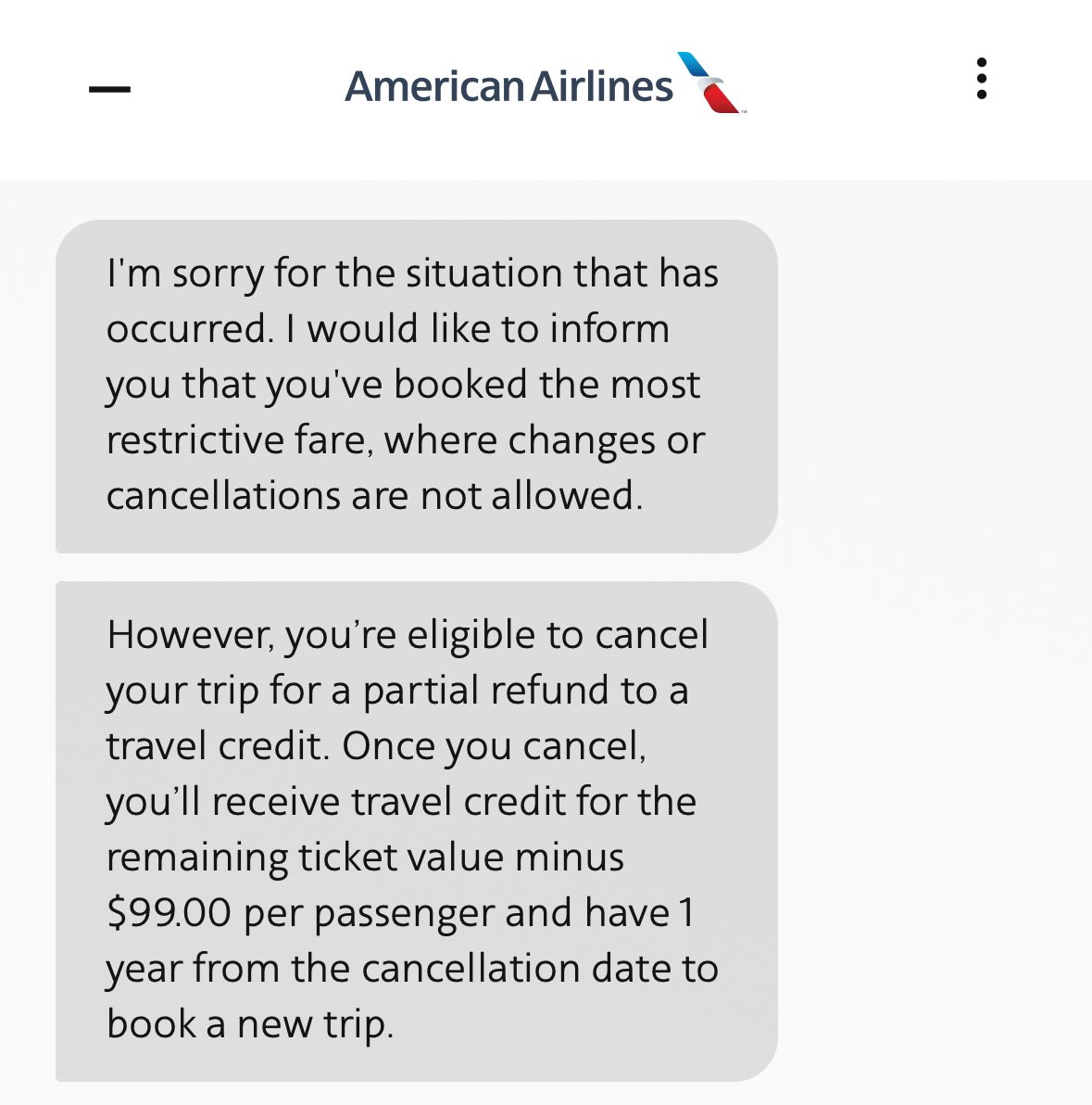 straawbs's tweet photo. Was trying to see if @AmericanAir would give me full travel credit instead of charging me $99. Sorry I didn’t anticipate that my dad might die 3 weeks before the vacation I had planned. If I did maybe I would have booked a different ticket type. https://t.co/VnI9fOYl8R