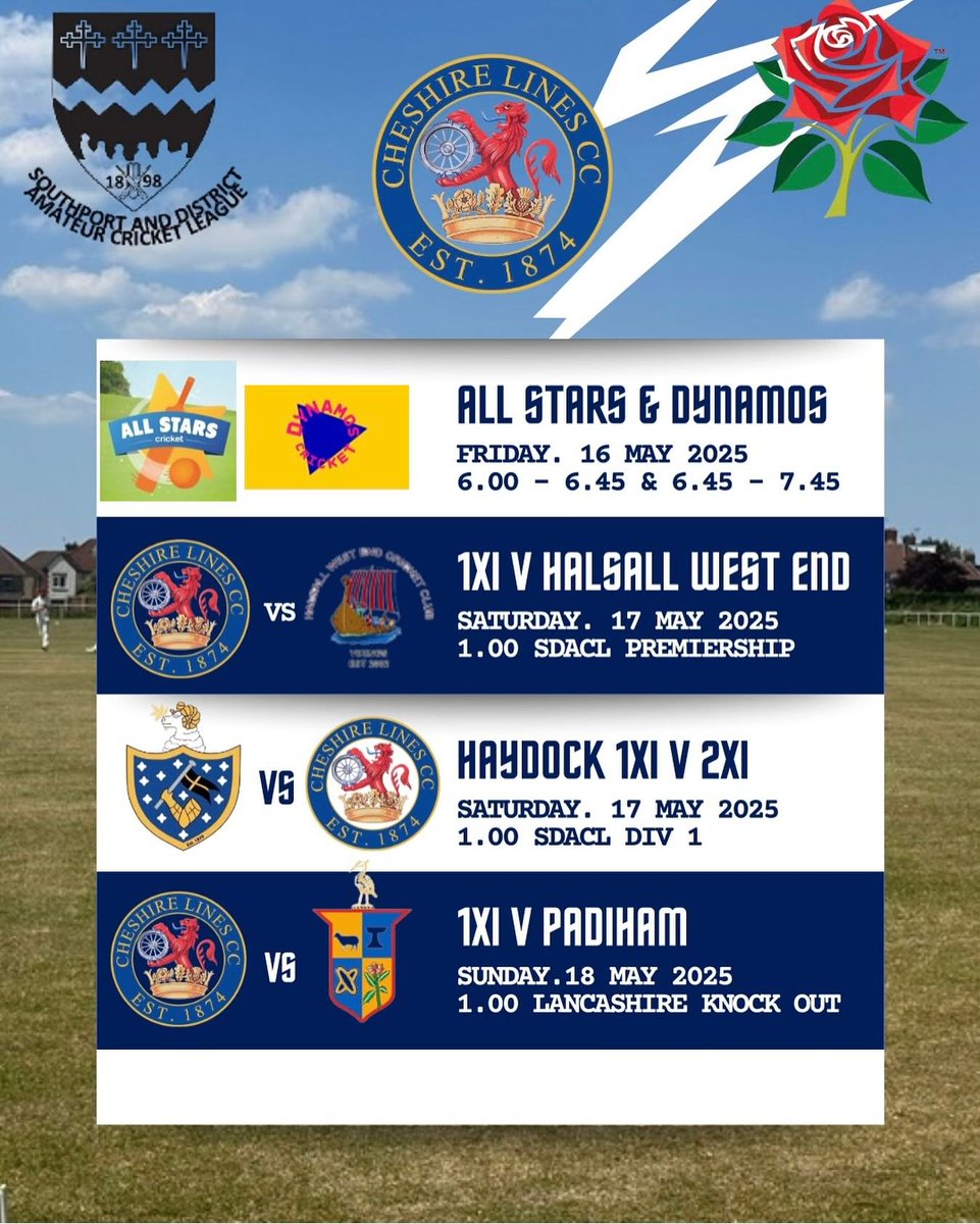 CheshirelinesCC (@thecheshcc) on Twitter photo Friday - <a href="/allstarscricket/">All Stars Cricket</a> & <a href="/dynamoscricket/">Dynamos Cricket</a>
Saturday- <a href="/halsallwecc/">HalsallWECC</a> @haydockcc
Sunday - @padihamcricketclub
#upthechesh Friday - <a href="/allstarscricket/">All Stars Cricket</a> & <a href="/dynamoscricket/">Dynamos Cricket</a>
Saturday- <a href="/halsallwecc/">HalsallWECC</a> @haydockcc
Sunday - @padihamcricketclub
#upthechesh