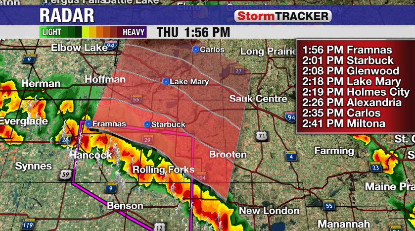 Keeping an eye on a cluster of storms  west central Minnesota this afternoon, and more storms towards the Twin Cities. So far, the more potent storms have made their way through the Benson area, and will move north over the next hour. Timing in the image below #mnwx