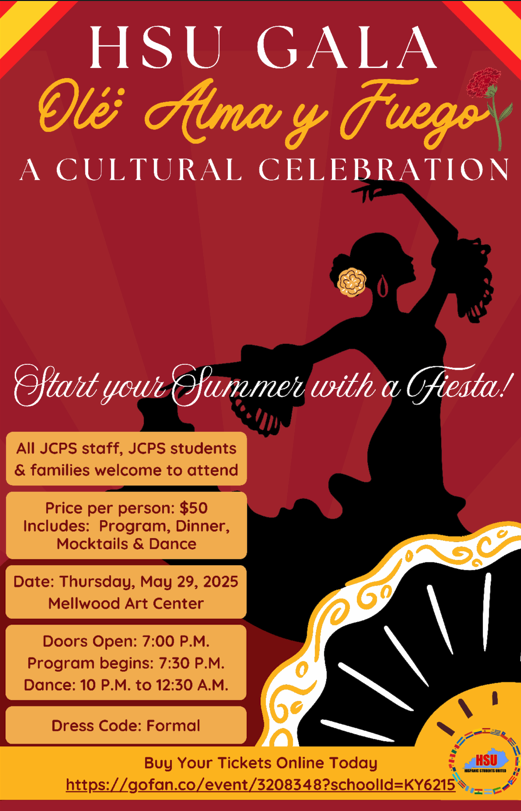 GET YOUR TICKETS NOW | Join us for an unforgettable evening honoring our incredible Hispanic students! This special gala on May 29 will feature music, dancing, delicious food, and a night filled with celebration and pride. Don't miss this night of joy, culture, and community!