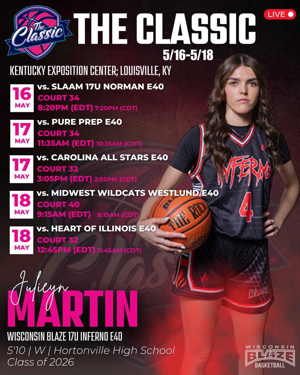 Julieyn Martin (@julieyn_martin) on Twitter photo Here’s our schedule for this weekend. Come and watch us in Louisville, Kentucky!
<a href="/LisaMVanWyk/">Lisa Van Wyk</a>
<a href="/WisconsinBlaze/">Wisconsin Blaze Girls Basketball</a>
<a href="/WIBlazeInferno/">WI Blaze Inferno Girls</a>
<a href="/Elite40League/">Elite 40 League</a> Here’s our schedule for this weekend. Come and watch us in Louisville, Kentucky!
<a href="/LisaMVanWyk/">Lisa Van Wyk</a>
<a href="/WisconsinBlaze/">Wisconsin Blaze Girls Basketball</a>
<a href="/WIBlazeInferno/">WI Blaze Inferno Girls</a>
<a href="/Elite40League/">Elite 40 League</a>