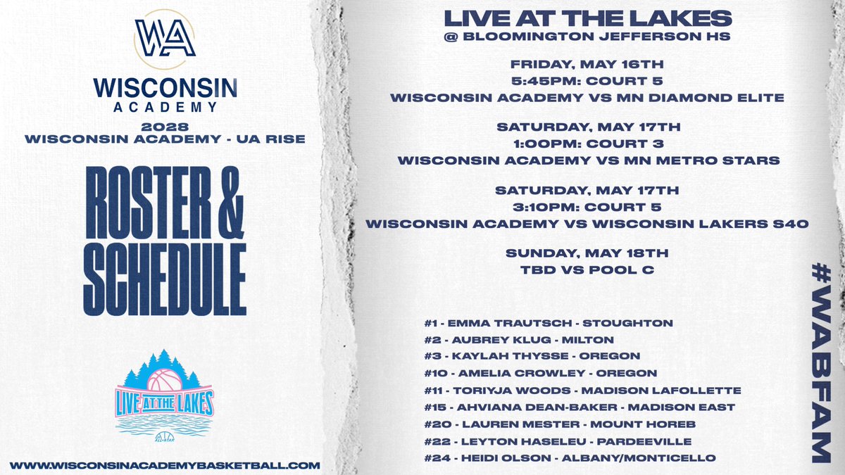 Wisconsin Academy (@wiscoacademy) on Twitter photo 15U Wisconsin Academy - UA Rise is heading to MN to compete in the <a href="/JrAllStarBB/">Jr. All-Star Girls Basketball</a> Live at the Lakes!
Schedule & Roster below: ⬇️
Friday:
- 5:45pm • WA vs MN Diamond Elite
Saturday:
- 1pm • WA vs MN Metro Stars
- 3:10pm • WA vs WI Lakers S40
Sunday:
- TBD
#WABFam 15U Wisconsin Academy - UA Rise is heading to MN to compete in the <a href="/JrAllStarBB/">Jr. All-Star Girls Basketball</a> Live at the Lakes!
Schedule & Roster below: ⬇️
Friday:
- 5:45pm • WA vs MN Diamond Elite
Saturday:
- 1pm • WA vs MN Metro Stars
- 3:10pm • WA vs WI Lakers S40
Sunday:
- TBD
#WABFam