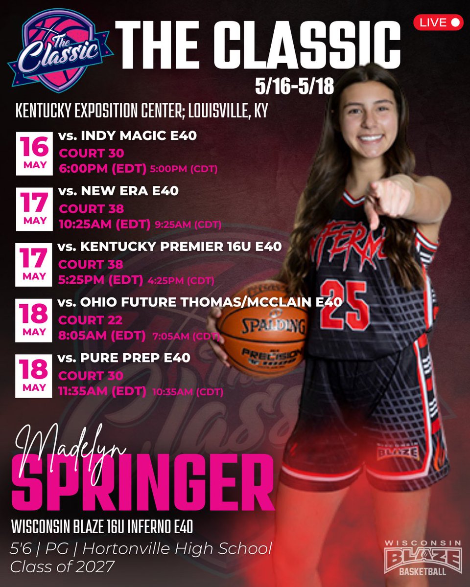 Madelyn Springer (@madi_springer25) on Twitter photo Tournament schedule for this weekend in Kentucky at The Classic! <a href="/LisaMVanWyk/">Lisa Van Wyk</a> <a href="/JrAllStarBB/">Jr. All-Star Girls Basketball</a> <a href="/Elite40League/">Elite 40 League</a> <a href="/WIBlazeInferno/">WI Blaze Inferno Girls</a> Tournament schedule for this weekend in Kentucky at The Classic! <a href="/LisaMVanWyk/">Lisa Van Wyk</a> <a href="/JrAllStarBB/">Jr. All-Star Girls Basketball</a> <a href="/Elite40League/">Elite 40 League</a> <a href="/WIBlazeInferno/">WI Blaze Inferno Girls</a>