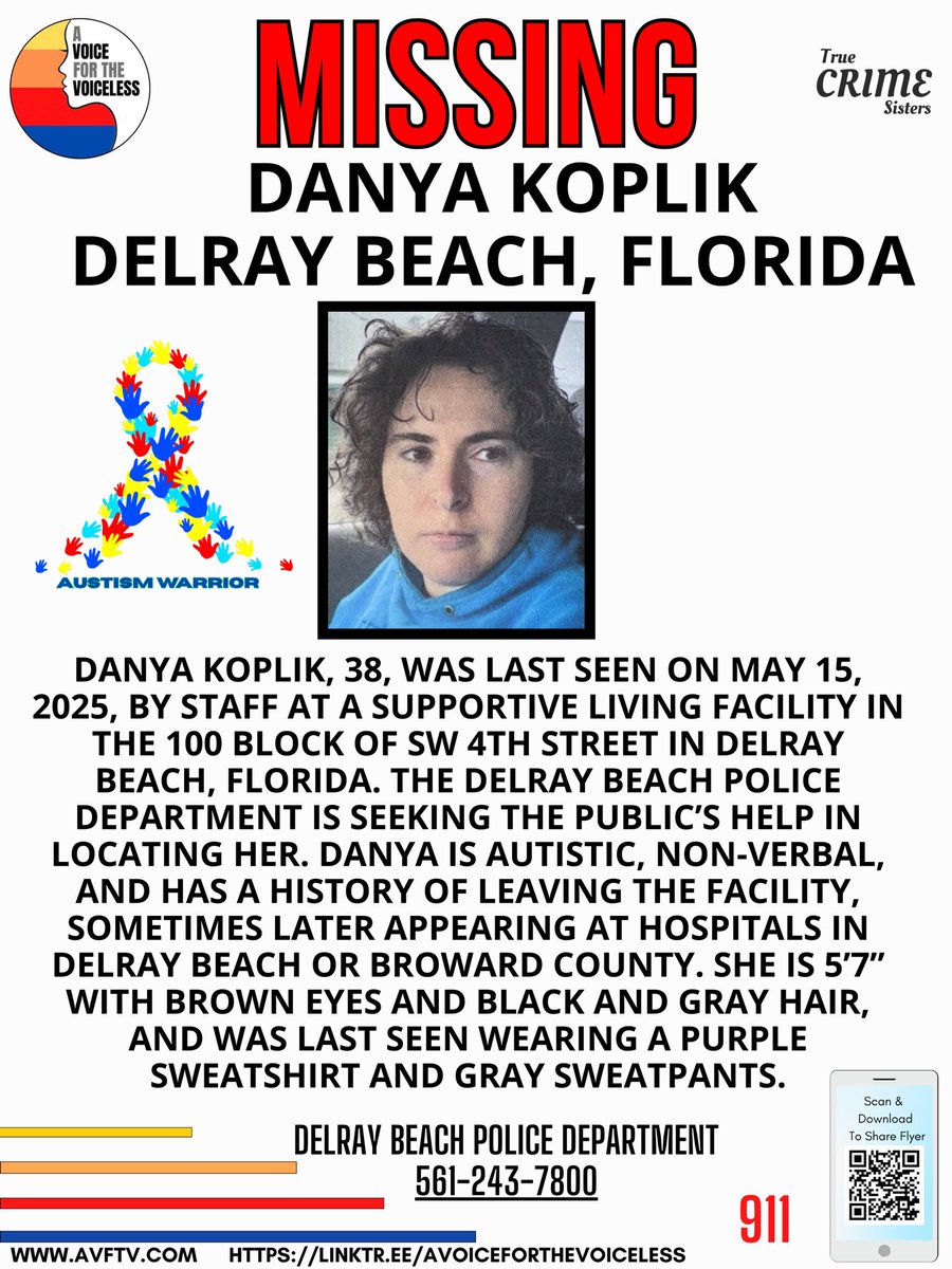 🚨 MISSING PERSON ALERT: Help Locate Danya Koplik 🚨

The Delray Beach Police Department is seeking public assistance in locating 38-year-old Danya Koplik, who was last seen on May 15, 2025, at a supportive living facility in the 100 block of SW 4th Street in Delray Beach,