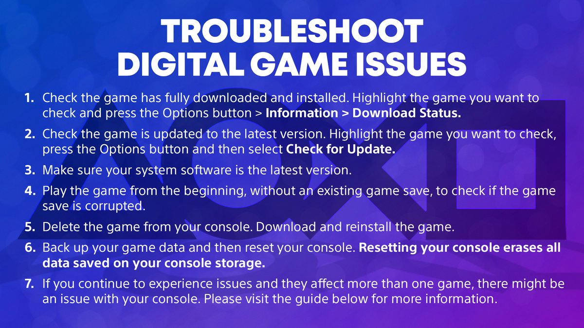 If your digital game freezes or crashes during gameplay, try these troubleshooting steps.

⚙️Troubleshooting Freezes/Crashes
playstation.com/support/games/…