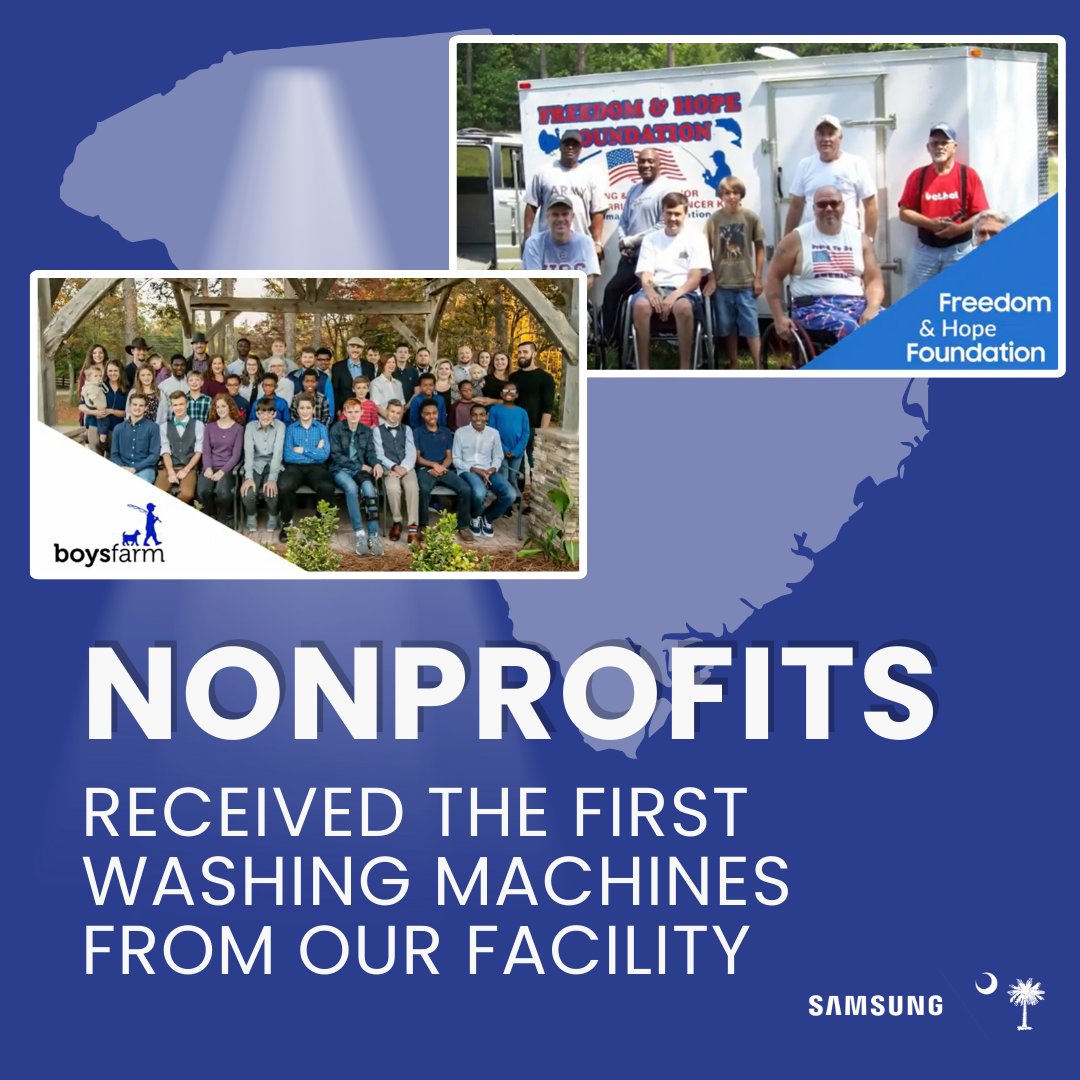 SamsungSC's tweet image. When our first washing machines rolled off the production line in 2017, we donated them to Boys Farm, a shelter for at-risk youth, and the Freedom and Hope Foundation, a nonprofit dedicated to enriching the lives of veterans across the state. #MakeADifference