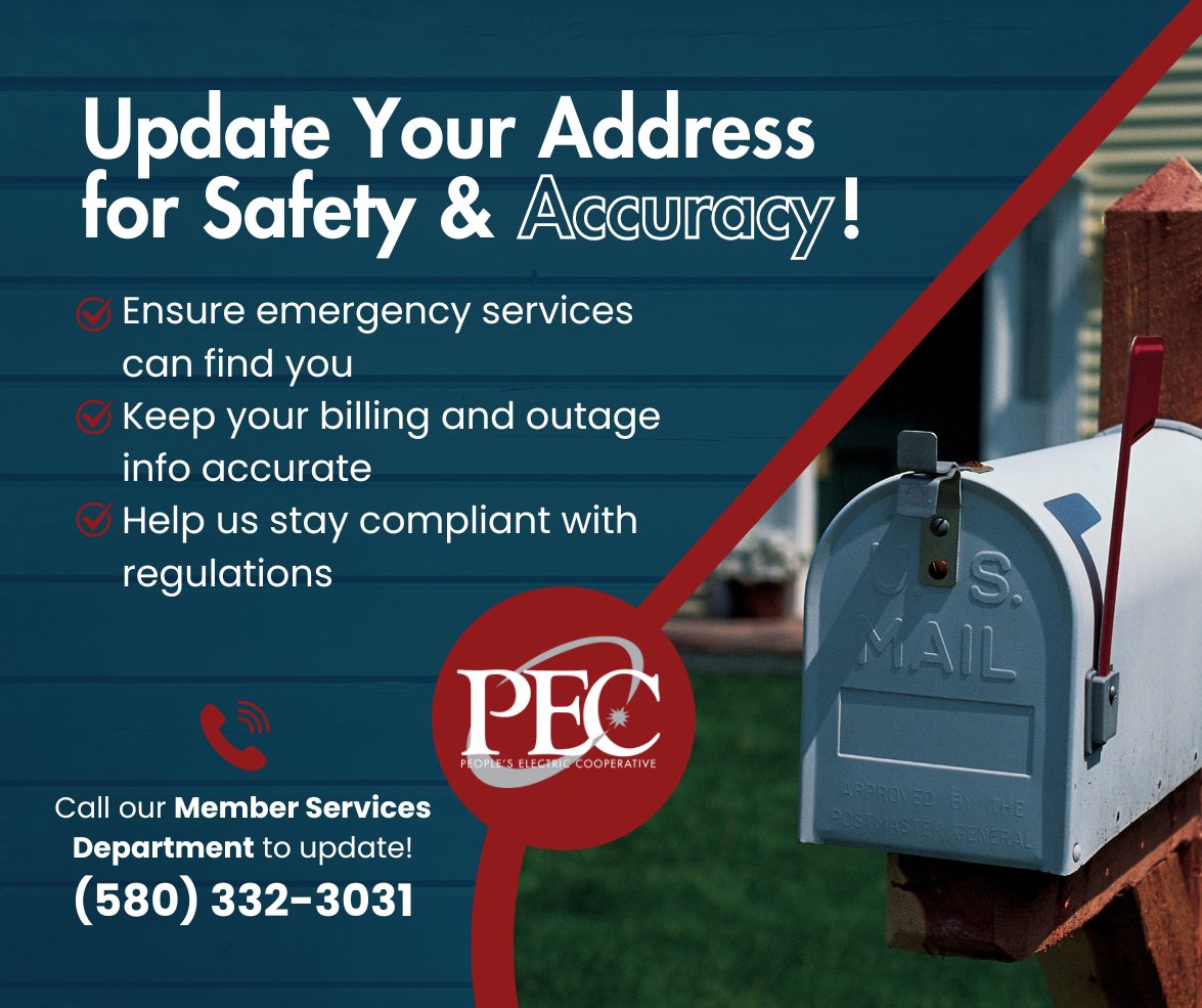 PEC_Oklahoma's tweet image. 🔎 Update Your Address for Safety! Is your PEC account linked to the right 911 address? Keep it updated for: ✔️ Quick emergency response ✔️ Accurate billing &amp;amp; service ✔️ Local compliance. If your address has changed, contact us! Your safety matters! ⚡🏡 #MemberUpdate
