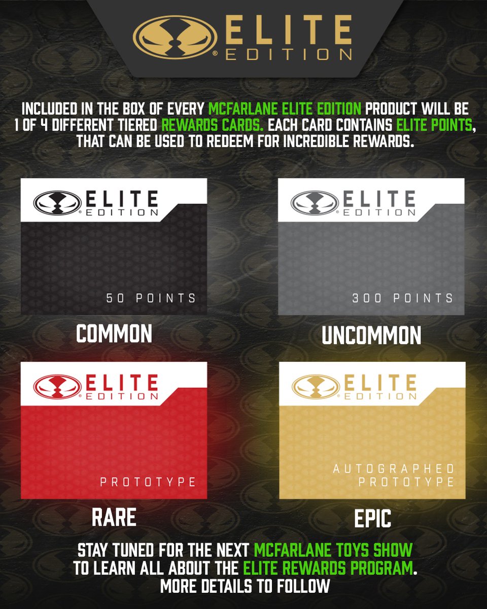 mcfarlanetoys's tweet photo. Included in the box of every MCFARLANE ELITE EDITION product will be 1 of 4 different tiered rewards cards. Each card contains ELITE POINTS, that can be used to redeem for incredible rewards. Examples of these rewards include one of a kind prototypes and even SIGNED prototypes. https://t.co/Ox5KqCNAbX