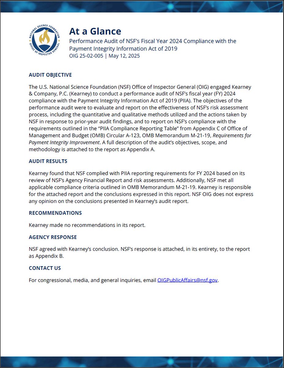 New Report: "Performance Audit of NSF’s Fiscal Year 2024 Compliance with the Payment Integrity Information Act of 2019. OIG Report No. 25-02-005, issued May 12, 2025" (oig.nsf.gov/reports/audit/…
)