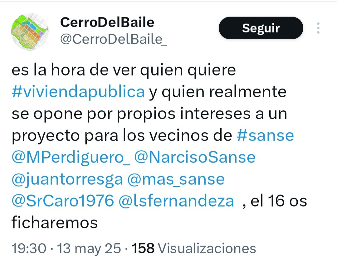 La mafia inmobiliaria #Cerrodelbaile no puede resultar más patética.

Cuentas fake de escasos seguidores amenazan con"fichar" a concejales ante votación de mañana.

Hablan de vivienda pública pero no engañan a nadie. 

Destruir nuestro patrimonio natural para hacerse de oro 💸💸