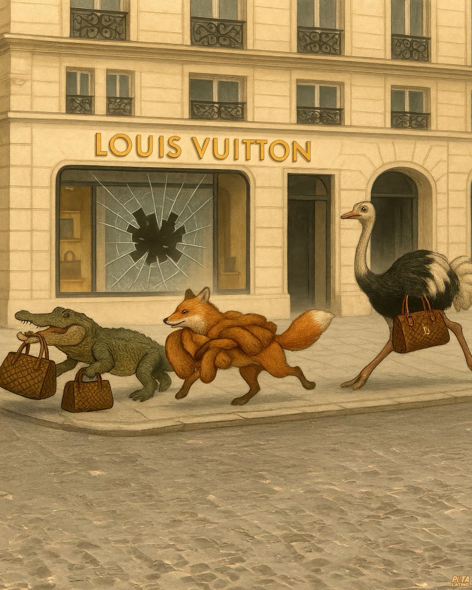 PETA_Latino's tweet photo. Si recuperan lo que es suyo, no es robar 🦊🐊
Mientras los robos en tiendas de Louis Vuitton hacen noticia, recordemos que TODAS las pieles de animales silvestres vendidas por Louis Vuitton son robadas. #NotYoursToWear https://t.co/ExcDjjuhhM