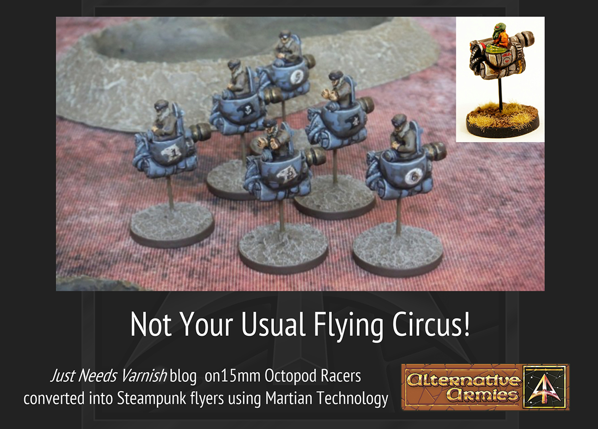 Weird War One or Steampunk...everyone loves as Flying Circus. Just Needs Varnish Blog shared his 15mm conversions. Check out the article for this and Octopods. rb.gy/4rx4ip  #alternativearmies #wargaming #15mm #miniatures