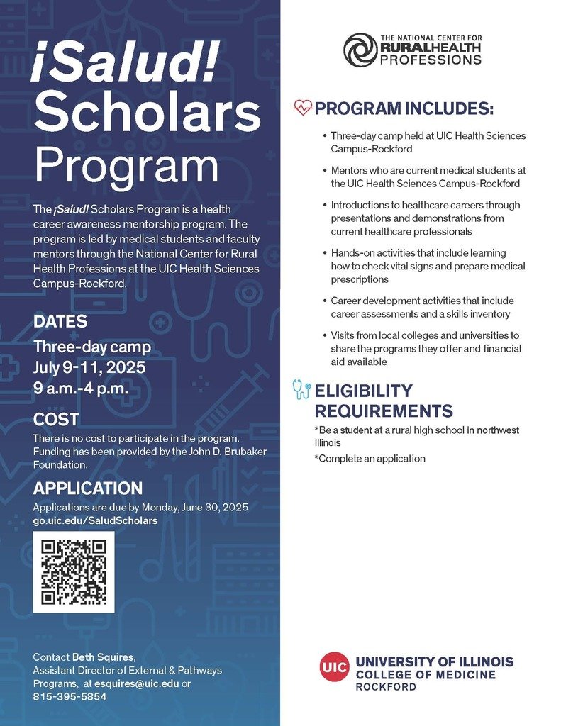 Sharing for our friends at UIC Health Sciences Campus in Rockford: They have an opportunity for students in grades 9-12 who are interested in healthcare fields to participate in an online camp this summer. Applications are due June 30th, please see the flyer for more information.