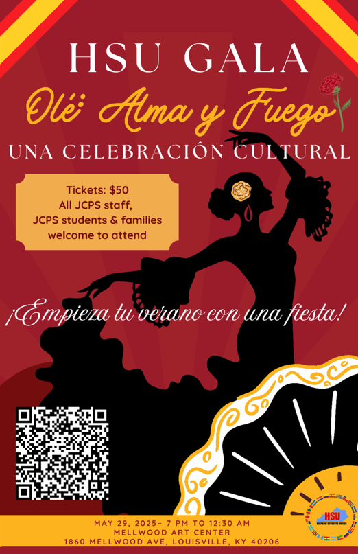 ¡CONSIGUE TUS ENTRADAS YA! | ¡Únete a nosotros para una noche en honor a nuestros increíbles estudiantes hispanos! La gala especial, el 29 de mayo, ofrecerá música, baile, deliciosa comida y una noche llena de celebración y orgullo. ¡No te pierdas esta noche de alegría y cultura!