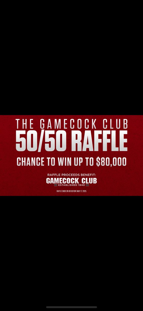 JB1⚡️ (@jaredb_14) on Twitter photo Want the chance to win up to $80,000? Enter the <a href="/TheGamecockClub/">The Gamecock Club</a>'s 50/50 raffle today!
gamecockclub5050.us.bumpcbnraffle.com
#Gamecocks|#ForeverToThee Want the chance to win up to $80,000? Enter the <a href="/TheGamecockClub/">The Gamecock Club</a>'s 50/50 raffle today!
gamecockclub5050.us.bumpcbnraffle.com
#Gamecocks|#ForeverToThee