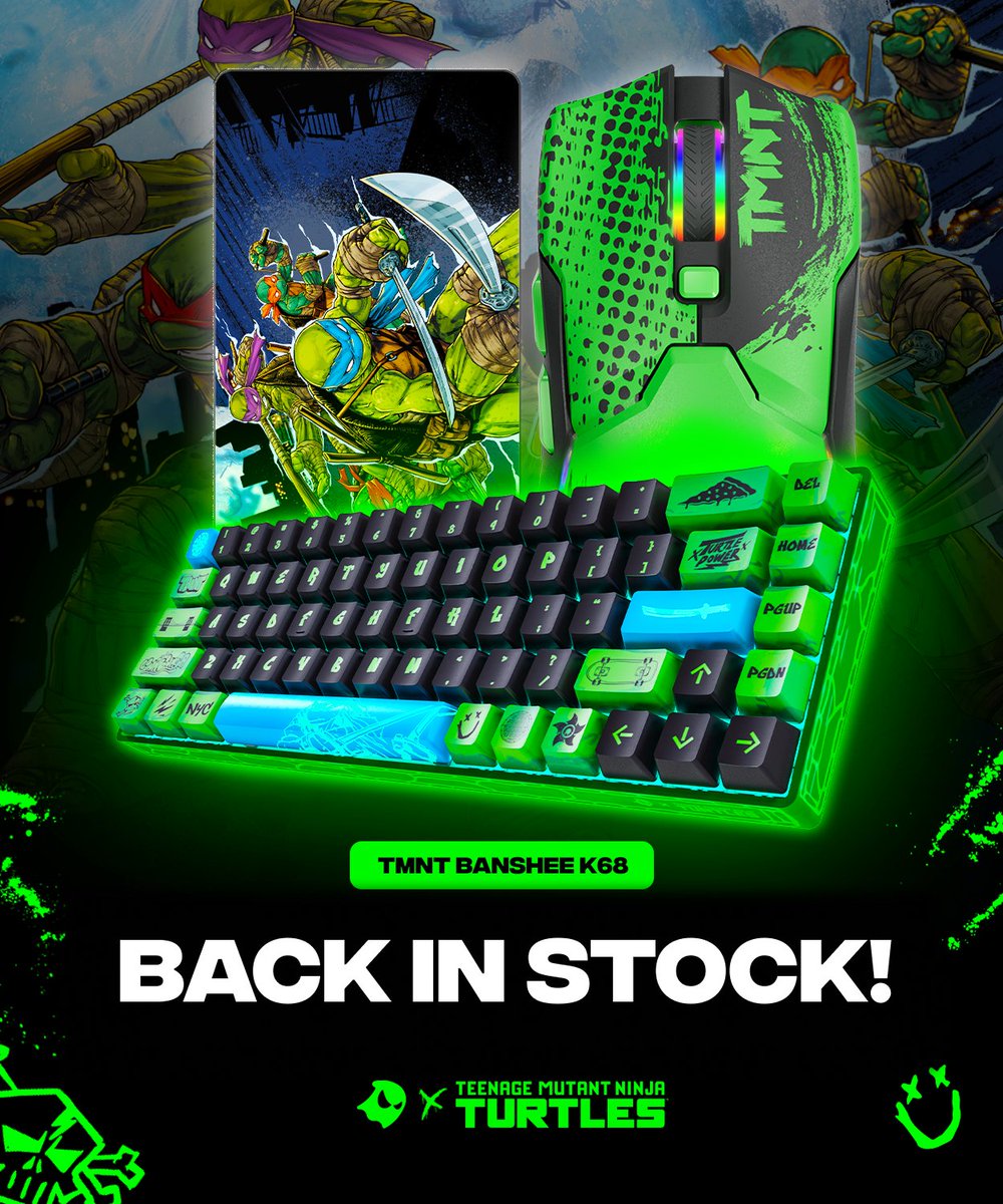 BACK IN STOCK! 🐢💥
The TMNT Banshee K68 just restocked! And yeah, it’s just as badass as you remember.

💙💜🧡❤️ Comes with 4 swappable TMNT keycap sets (Leo, Donnie, Mikey, Raph)
⚡ Magnetic Gateron switches offer rapid trigger response and extreme stability
🔁 Hot-swappable so
