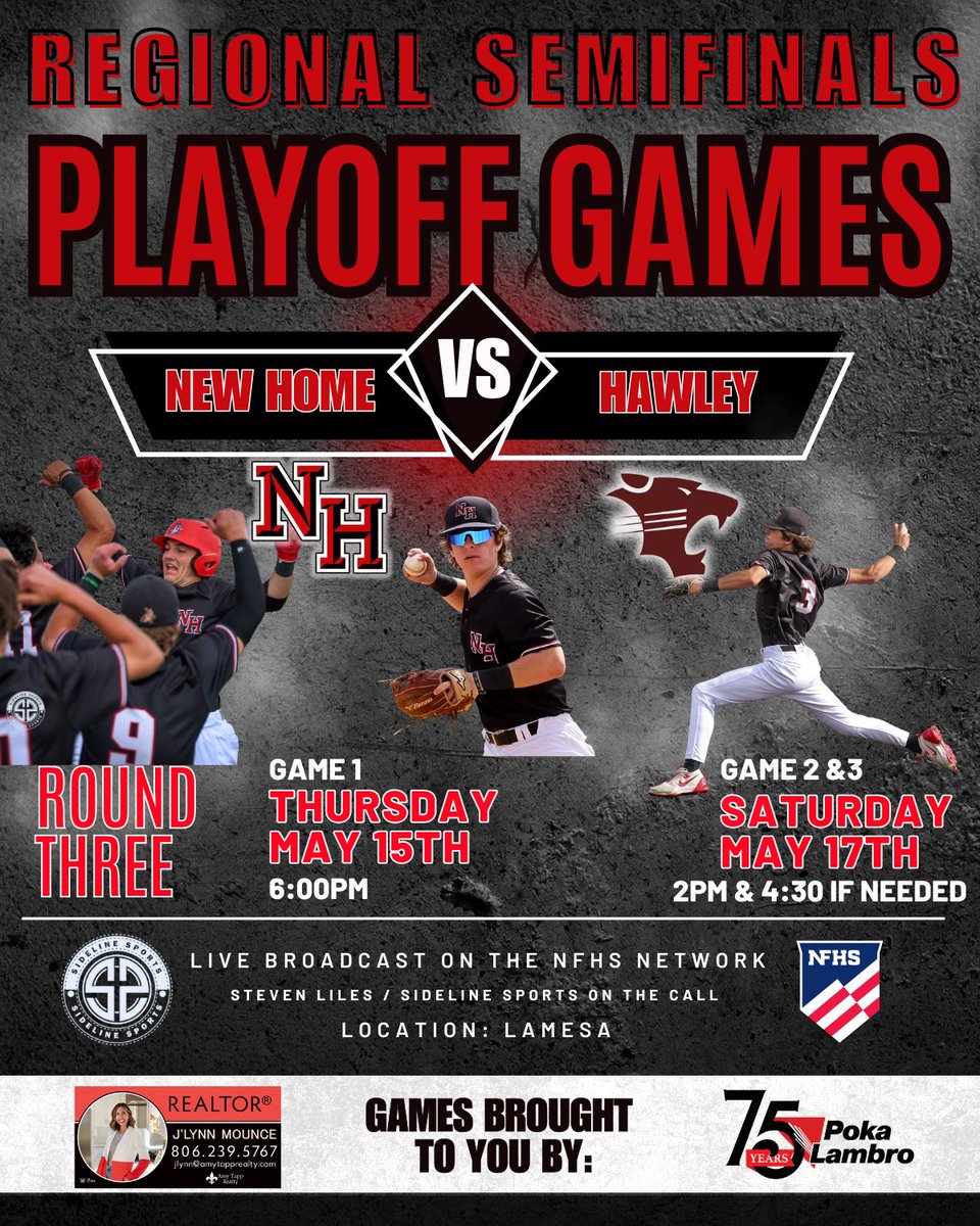 Steven Liles (@stevenliles) on Twitter photo It’s <a href="/NewHomeBaseball/">New Home Baseball</a> playoff time!
📆 Game 1: Thursday May 15th
📆 Game 2: Saturday May 17th (Game 3 if necessary 30 minutes after)
📍Lamesa
⏰ 6:00 𝑷𝑴 | 2:00 𝑷𝑴
🆚 Hawley
🎥 NFHS Network It’s <a href="/NewHomeBaseball/">New Home Baseball</a> playoff time!
📆 Game 1: Thursday May 15th
📆 Game 2: Saturday May 17th (Game 3 if necessary 30 minutes after)
📍Lamesa
⏰ 6:00 𝑷𝑴 | 2:00 𝑷𝑴
🆚 Hawley
🎥 NFHS Network