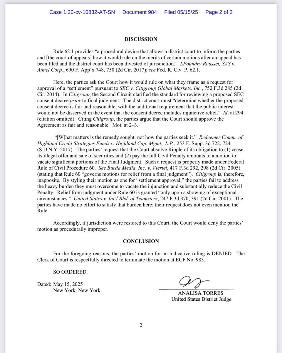 CoinwatcherNews's tweet photo. ๐บ๐ธโ๏ธ La jueza Torres ha denegado la mociรณn de ambas partes para una resoluciรณn indicativa:
๐จ๏ธ โSi se restaurara la jurisdicciรณn a este tribunal, se denegarรญa la mociรณn por ser procesalmente improcedente.โ
โ Otro giro en el caso #Ripple vs. SEC.
#CryptoLaw #RippleCase #XRPNews #Regulaciรณn #XRP
