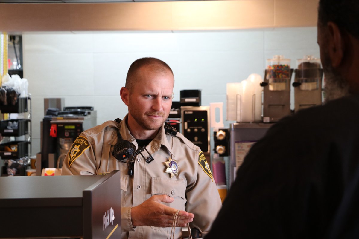 Our Downtown Area Command officers had a blast at Coffee with a Cop this morning at Eastern &amp; Owens—serving smiles, chatting with residents, and even working the drive-thru! Thanks for helping us build a stronger, safer community. ☕👮‍♂️ #LVMPD #CoffeeWithACop