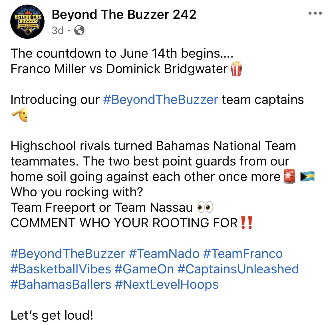 Dnerooo's tweet photo. The countdown to June 14th begins….
Franco Miller vs Dominick Bridgwater
Introducing our#BeyondTheBuzzer team captains.High school rivals turned Bahamas National Team teammates.The two best point guards from our home soil going against each other once more🇧🇸Who you rocking with? https://t.co/UOgMEyxuxy