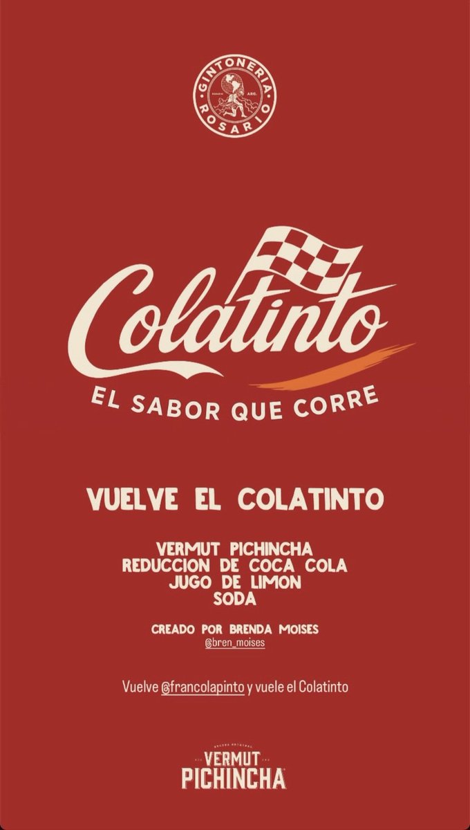 Vuelve <a href="/FranColapinto/">Franco Colapinto</a> a la F1.

Por eso este fin de semana te podes tomar en <a href="/GintoneriaRos/">Gintoneria Rosario</a> el Cóctel ideal para ver la carrera:

¡¡¡¡El ColaTinto!!!!

Que, por supuesto, tiene <a href="/vermutpichincha/">Vermut Pichincha</a>.